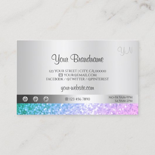エレガントティール（緑がかった色）ピンクグリッターモノグラム発光銀 名刺 (裏面)