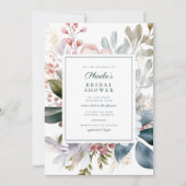 エレガントティール（緑がかった色）ピンクフローラブーケブライダルシャワー 招待状 (正面)
