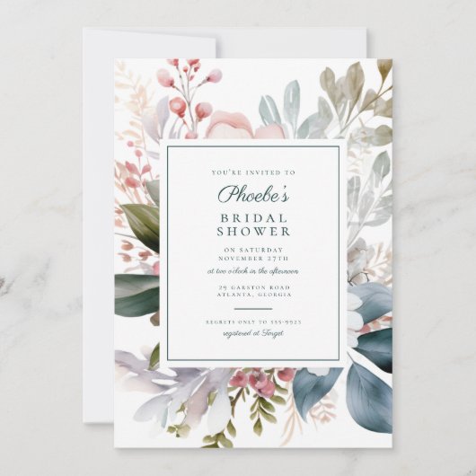 エレガントティール（緑がかった色）ピンクフローラブーケブライダルシャワー 招待状 (正面)