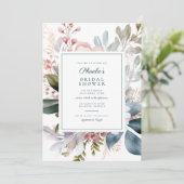 エレガントティール（緑がかった色）ピンクフローラブーケブライダルシャワー 招待状 (スタンド正面)
