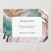 エレガントティール（緑がかった色）ピンク抽象芸術結婚サンキューカード 招待状 (正面/裏面)