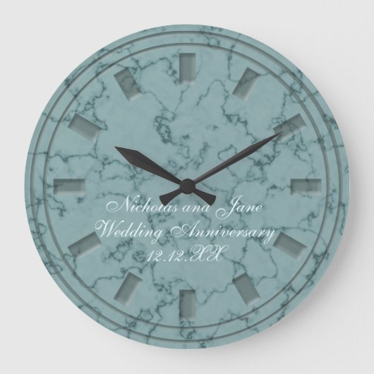 エレガントティール(緑がかった色)フェイクマーブル結婚の記念日 ラージ壁時計 (正面)