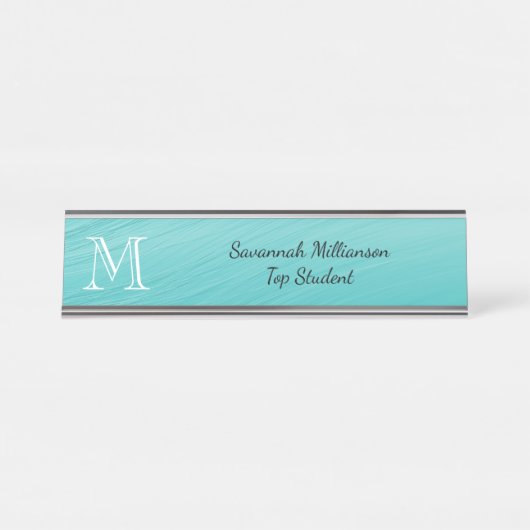 エレガントティール（緑がかった色）フェイク金属学生モノグラム デスクネームプレート (正面)