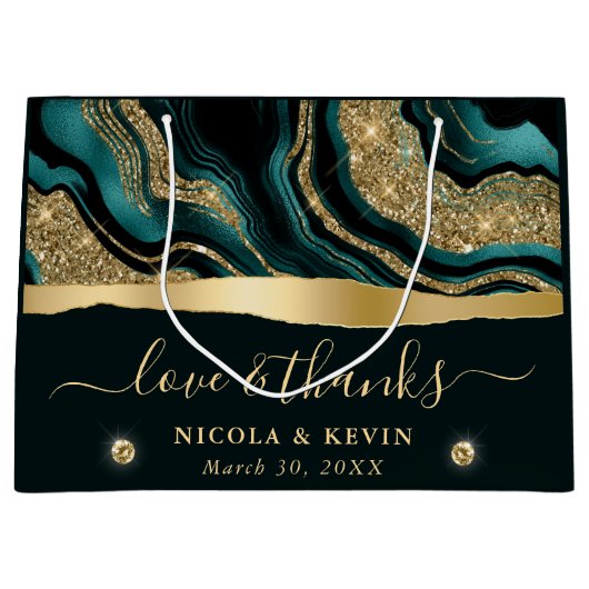 エレガントティール(緑がかった色)フォイル及び金ゴールドグリッターアゲ結婚ート ラージペーパーバッグ (正面)