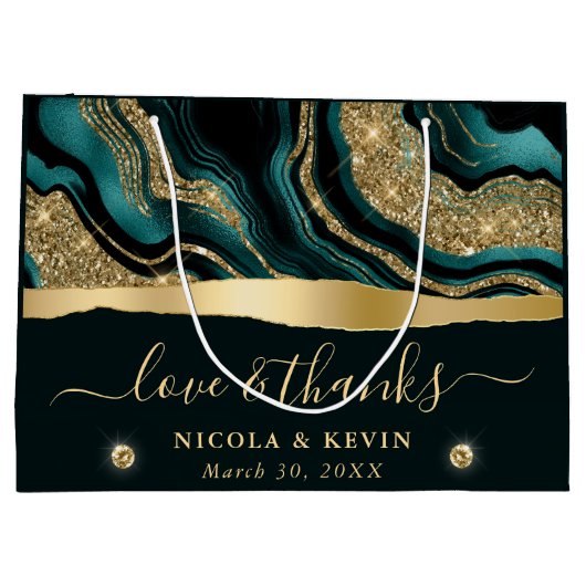 エレガントティール（緑がかった色）フォイル及び金ゴールドグリッターアゲ結婚ート ラージペーパーバッグ (裏面)