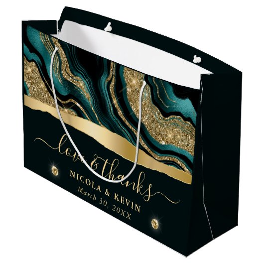 エレガントティール（緑がかった色）フォイル及び金ゴールドグリッターアゲ結婚ート ラージペーパーバッグ (裏面アングル)