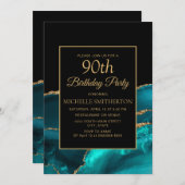 エレガントティール(緑がかった色)ブラック大理石金ゴールド90th誕生日 招待状 (正面/裏面)