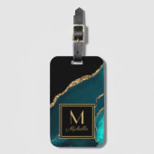 エレガントティール(緑がかった色)ブラック金ゴールドモノグラムイニシャル名 ラゲッジタグ (正面縦)