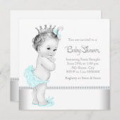 エレガントティール(緑がかった色)ブルーとシルバーの赤ちゃんシャワー 招待状 (正面/裏面)