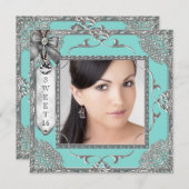 エレガントティール(緑がかった色)ブルーとシルバースウィート16パーティー 招待状 (正面/裏面)