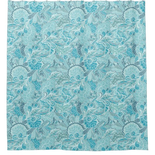 エレガントティール（緑がかった色）ブルーとホワイト抽象芸術パターン（の模様が）ある シャワーカーテン (正面)