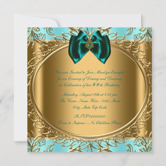 エレガントティール(緑がかった色)ブルーと金ゴールド誕生会 招待状 (裏面)