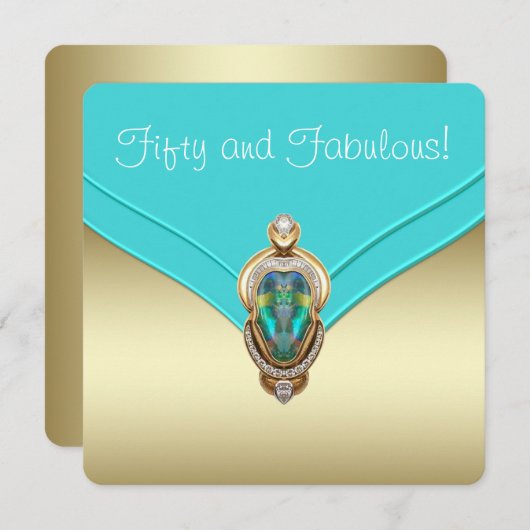 エレガントティール(緑がかった色)ブルーと金ゴールド誕生会 招待状 (正面/裏面)