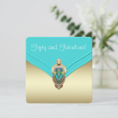 エレガントティール（緑がかった色）ブルーと金ゴールド誕生会 招待状 (スタンド正面)