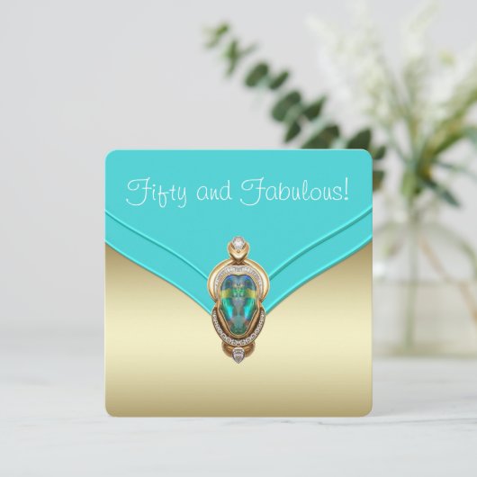 エレガントティール（緑がかった色）ブルーと金ゴールド誕生会 招待状 (スタンド正面)