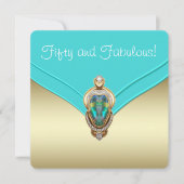 エレガントティール(緑がかった色)ブルーと金ゴールド誕生会 招待状 (正面)