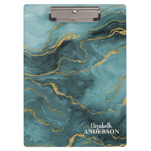 エレガントティール(緑がかった色)ブルーアゲートジオードマーブルモノグラム クリップボード (正面)