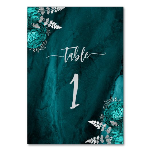 エレガントティール(緑がかった色)ブルーシルバーフローラ結婚ズ テーブルナンバー (裏面)