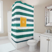 エレガントティール(緑がかった色)ブルースストライプのホワイトモノグラムB&B シャワーカーテン (インサイチュ)