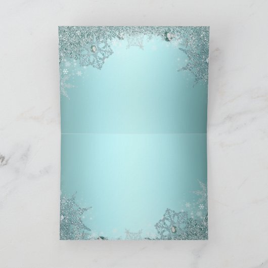 エレガントティール（緑がかった色）ブルースノーフレーククリスマス シーズンカード (内部)