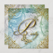 エレガントティール(緑がかった色)ブルーバタフライフローラ金ゴールドパーティー 招待状 (正面/裏面)