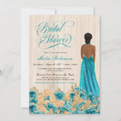 エレガントティール(緑がかった色)ブルーバラ&ガウンブライダルシャワー 招待状 (正面)