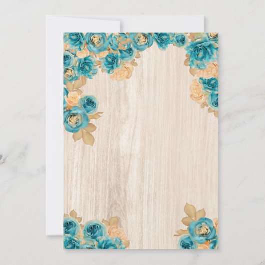 エレガントティール(緑がかった色)ブルーバラ&ガウンブライダルシャワー 招待状 (裏面)