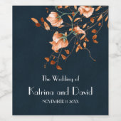 エレガントティール(緑がかった色)ブルーバーンドオレンジ色フローラ ワインラベル (シングルラベル)