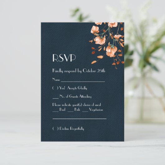 エレガントティール（緑がかった色）ブルーバーンドオレンジ色フローラ 出欠カード (スタンド正面)