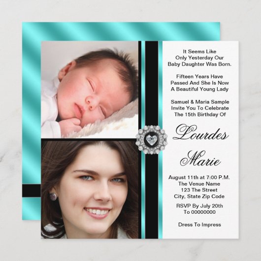 エレガントティール（緑がかった色）ブルーフォトキンセアニェラ招待状 招待状 (正面/裏面)