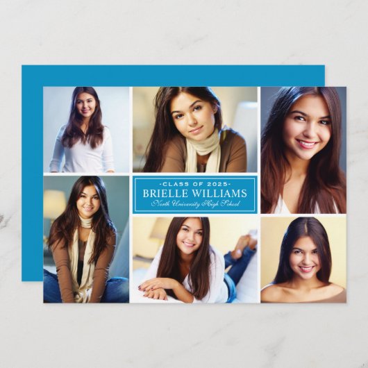 エレガントティール(緑がかった色)ブルーフォトコラージュ卒業式パーティー 招待状 (正面/裏面)