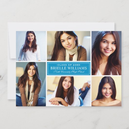 エレガントティール（緑がかった色）ブルーフォトコラージュ卒業式パーティー 招待状 (正面)