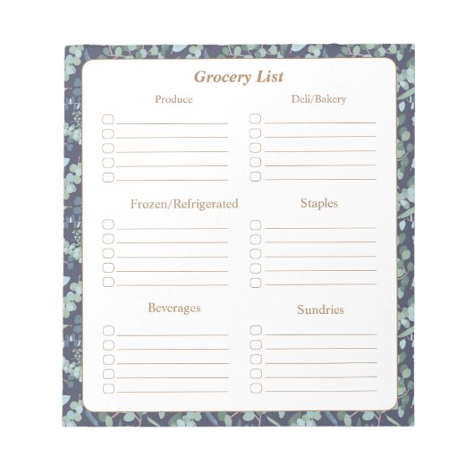 エレガントティール(緑がかった色)ブルーフォージングロッサリーショッピングリスト ノートパッド (正面)