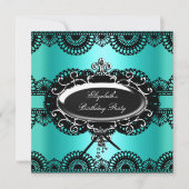 エレガントティール（緑がかった色）ブルーブラックシルバーレース誕生日 招待状 (正面)