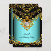 エレガントティール（緑がかった色）ブルーブラック金ゴールド誕生日パーティー 招待状 (正面/裏面)