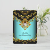 エレガントティール（緑がかった色）ブルーブラック金ゴールド誕生日パーティー 招待状 (スタンド正面)