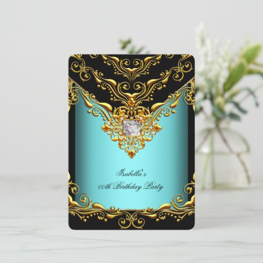 エレガントティール(緑がかった色)ブルーブラック金ゴールド誕生日パーティー 招待状 (スタンド正面)