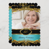 エレガントティール（緑がかった色）ブルーブラック金ゴールド60th誕生日パーティー 招待状 (正面/裏面)