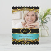 エレガントティール（緑がかった色）ブルーブラック金ゴールド60th誕生日パーティー 招待状 (スタンド正面)