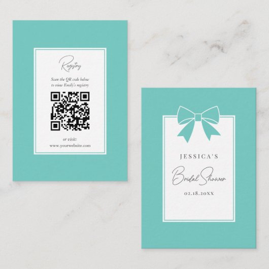 エレガントティール（緑がかった色）ブルーボウブライダルシャワー登録簿 エンクロージャーカード (正面/裏面)
