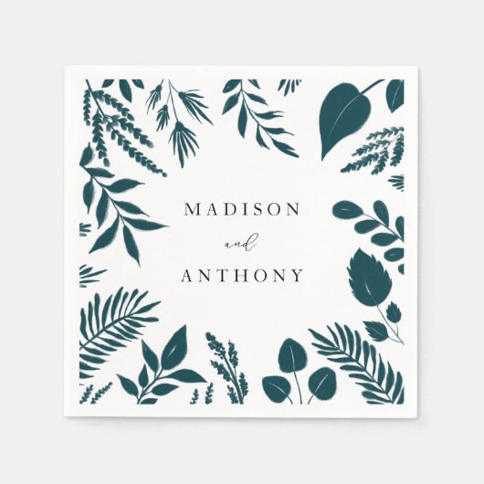 エレガントティール（緑がかった色）ブルーボ結婚タニカル スタンダードカクテルナプキン (正面)