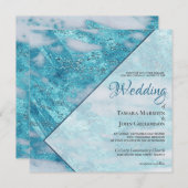 エレガントティール(緑がかった色)ブルーマーブルグリッタージオメトリック結婚ス 招待状 (正面/裏面)