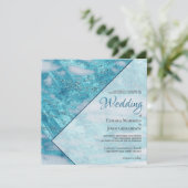 エレガントティール(緑がかった色)ブルーマーブルグリッタージオメトリック結婚ス 招待状 (スタンド正面)