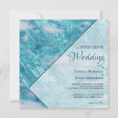 エレガントティール（緑がかった色）ブルーマーブルグリッタージオメトリック結婚ス 招待状 (正面)