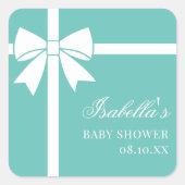 エレガントティール（緑がかった色）ブルー及びホワイトリボン弓ベビーシャワー スクエアシール (正面)
