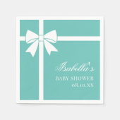 エレガントティール(緑がかった色)ブルー及びホワイトリボン弓ベビーシャワー スタンダードカクテルナプキン (正面)