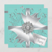 エレガントティール（緑がかった色）ブルー婚約パーティ 招待状 (正面/裏面)