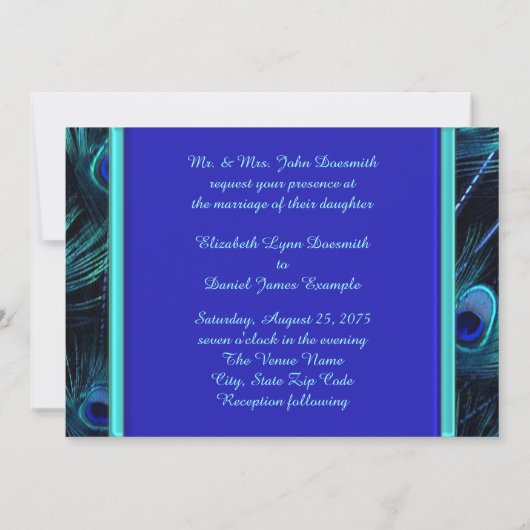 エレガントティール(緑がかった色)ブルー王室のとブルー結婚孔雀 招待状 (裏面)