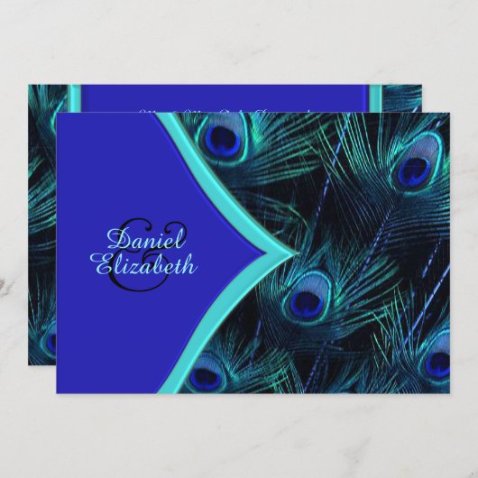 エレガントティール（緑がかった色）ブルー王室のとブルー結婚孔雀 招待状 (正面/裏面)