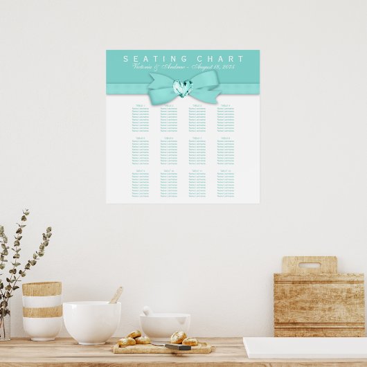 エレガントティール（緑がかった色）ブルー結婚の座席表 ポスター (キッチン)